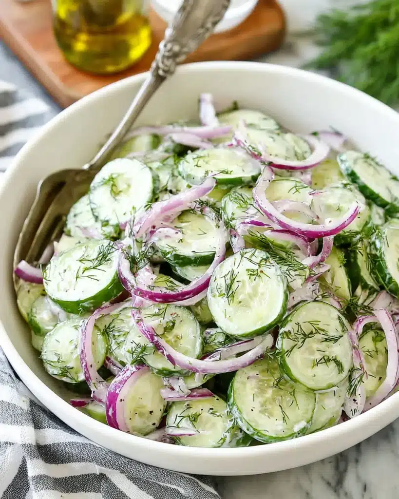 A refreshing creamy cucumber salad, perfect for springtime meals.