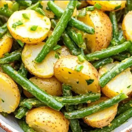 Creamy green bean potato salad served in a bowl.