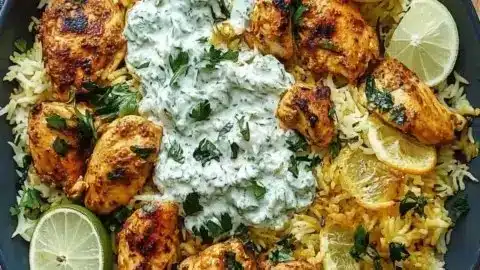 Dump and Bake Chicken Tzatziki Rice dish with fresh ingredients and flavors