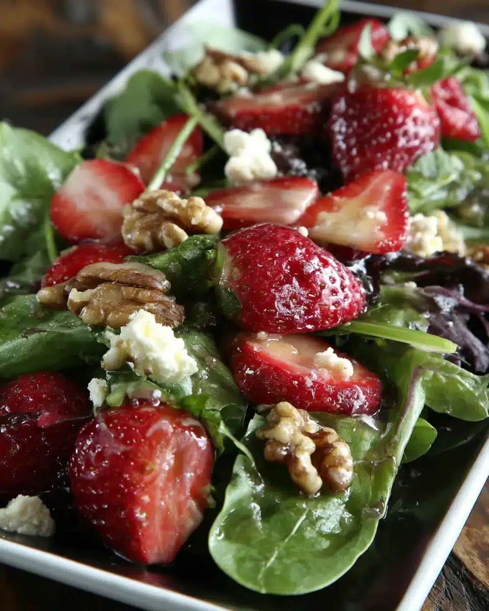 Delicious easy strawberry walnut salad with vibrant ingredients and feta.
