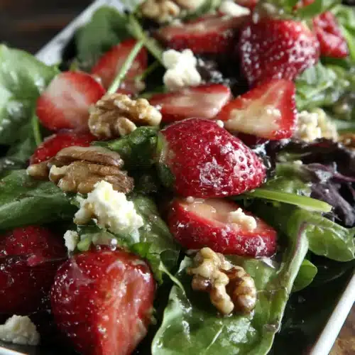 Delicious easy strawberry walnut salad with vibrant ingredients and feta.