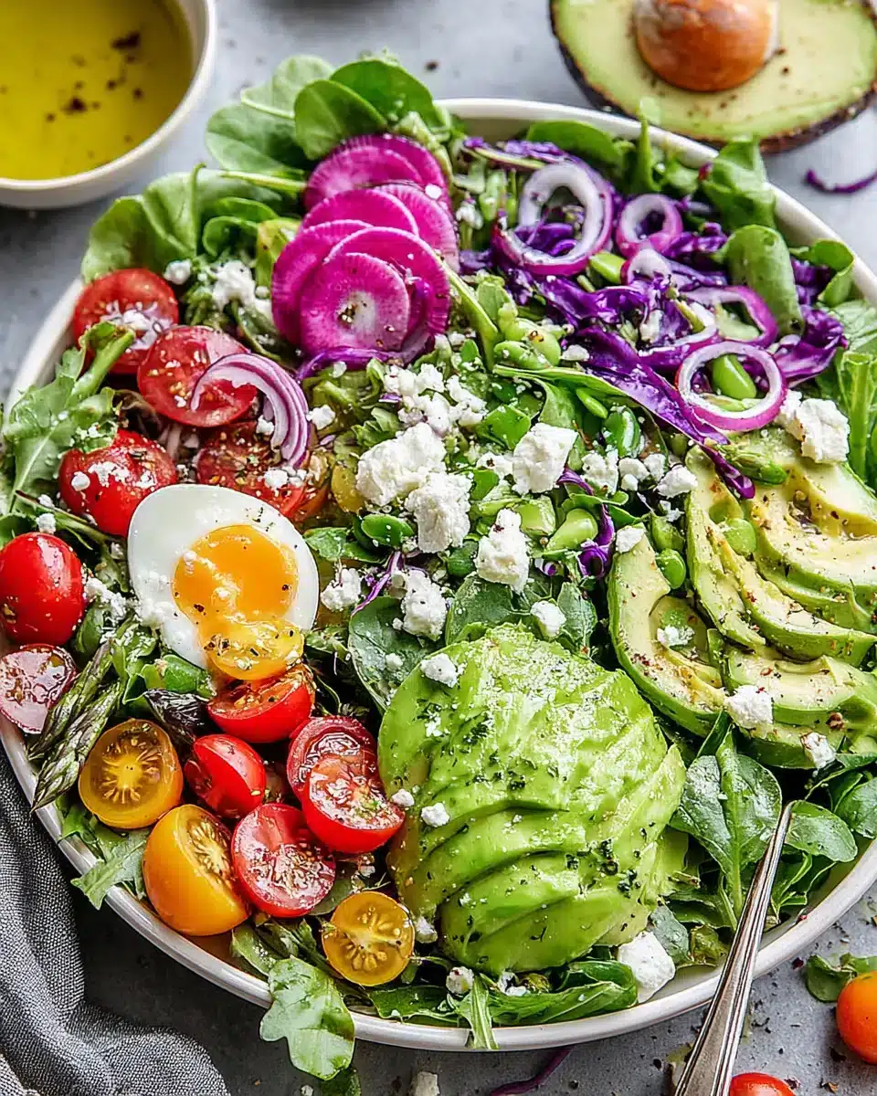 Delicious everything spring green salad with fresh ingredients.