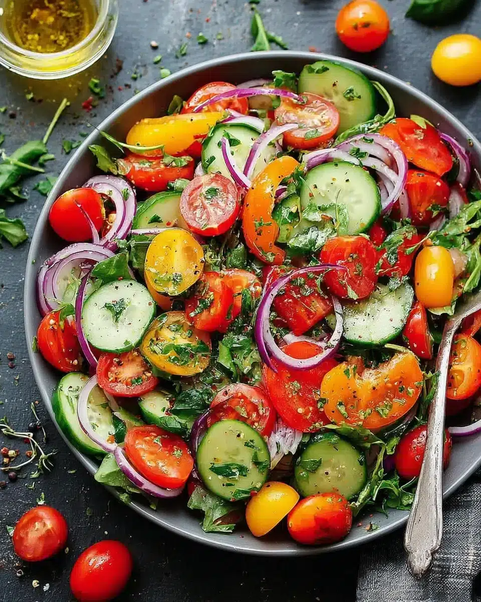 Delicious fresh garden salad with mixed greens, tomatoes, and cucumber.
