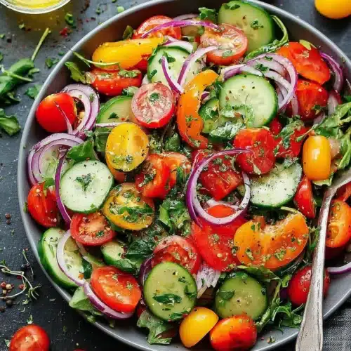 Delicious fresh garden salad with mixed greens, tomatoes, and cucumber.