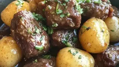 Plate of Garlic Butter Beef Bites served with seasoned potatoes