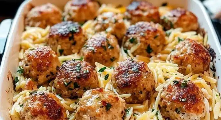 Greek Chicken Meatballs with Lemon Orzo