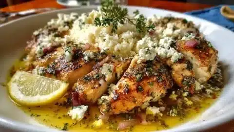 Delicious Greek Chicken with Lemon and Feta served on a plate