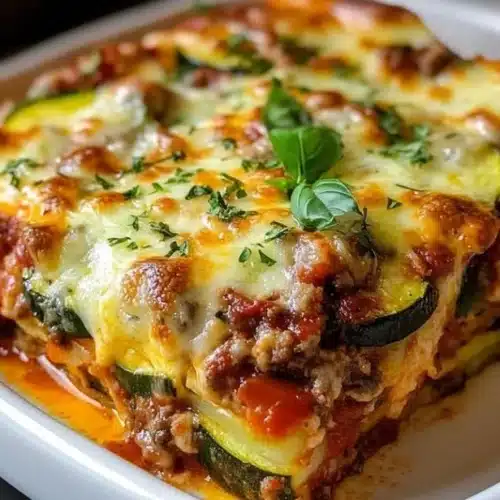 Guilt-Free Zucchini Pizza Casserole topped with fresh ingredients