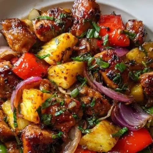 A plate of Hawaiian Chicken garnished with pineapple and herbs