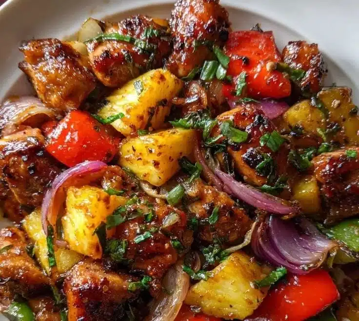A plate of Hawaiian Chicken garnished with pineapple and herbs