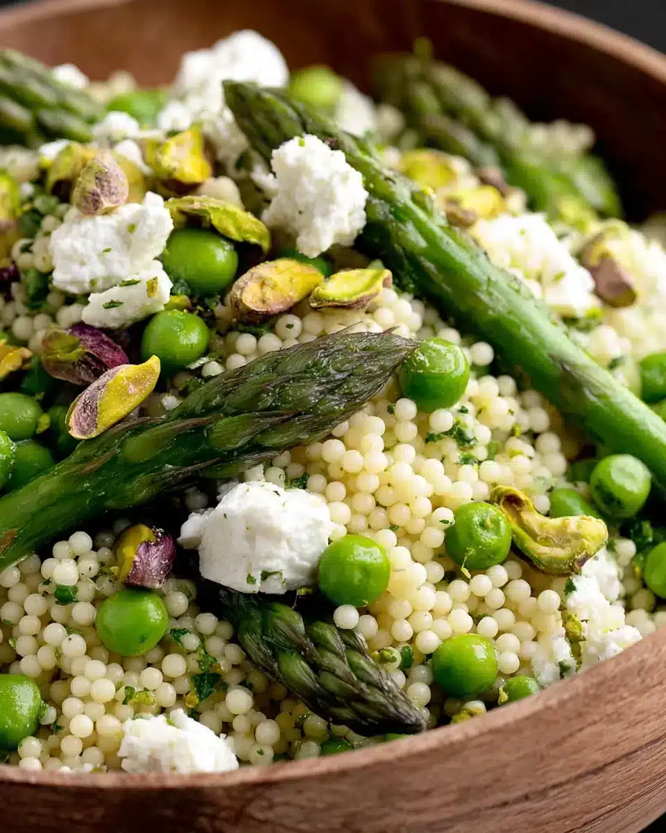 Healthy Easter Spring Couscous Salad with Feta featuring asparagus and peas.