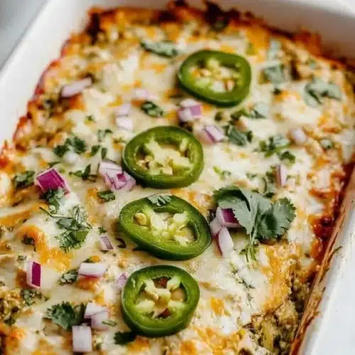 Healthy Salsa Verde Chicken Casserole topped with fresh ingredients