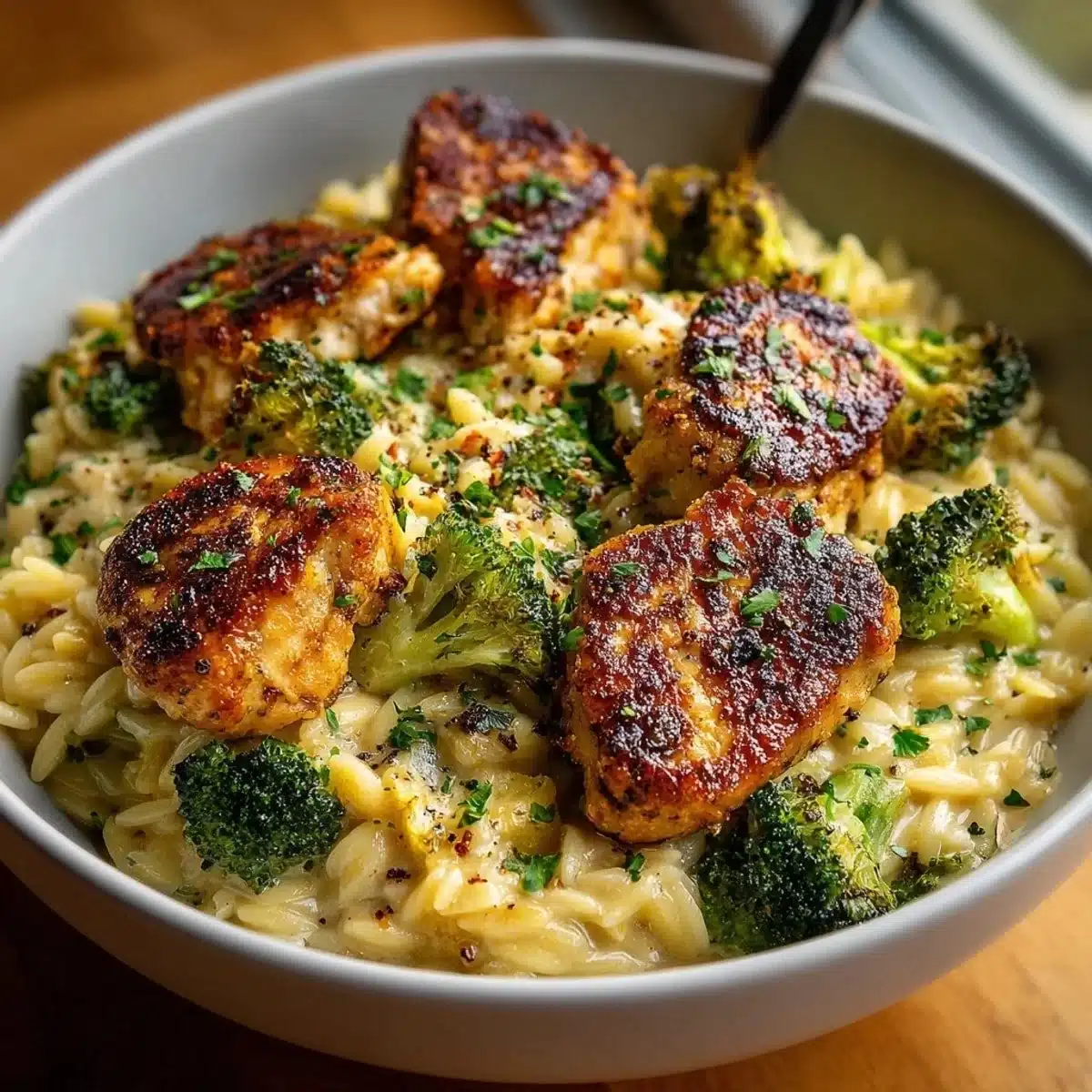 Lemon Pepper Chicken served with Broccoli Orzo, a flavorful and nutritious dish.