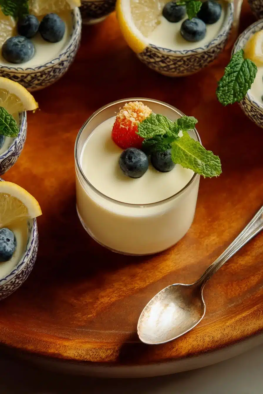 Delicious lemon posset dessert in a glass, garnished with lemon zest