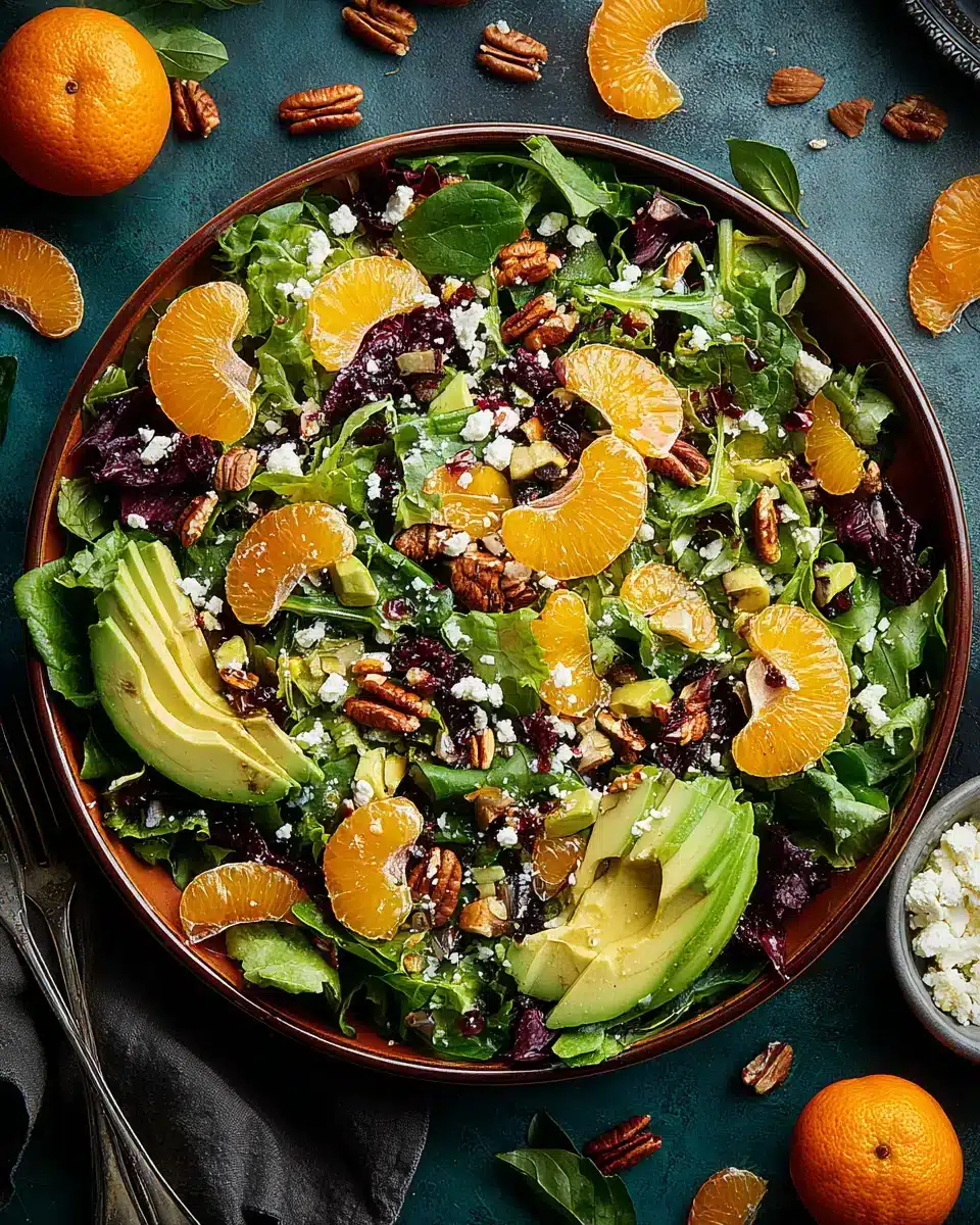 Refreshing mandarin orange salad with greens, avocado, and nuts.