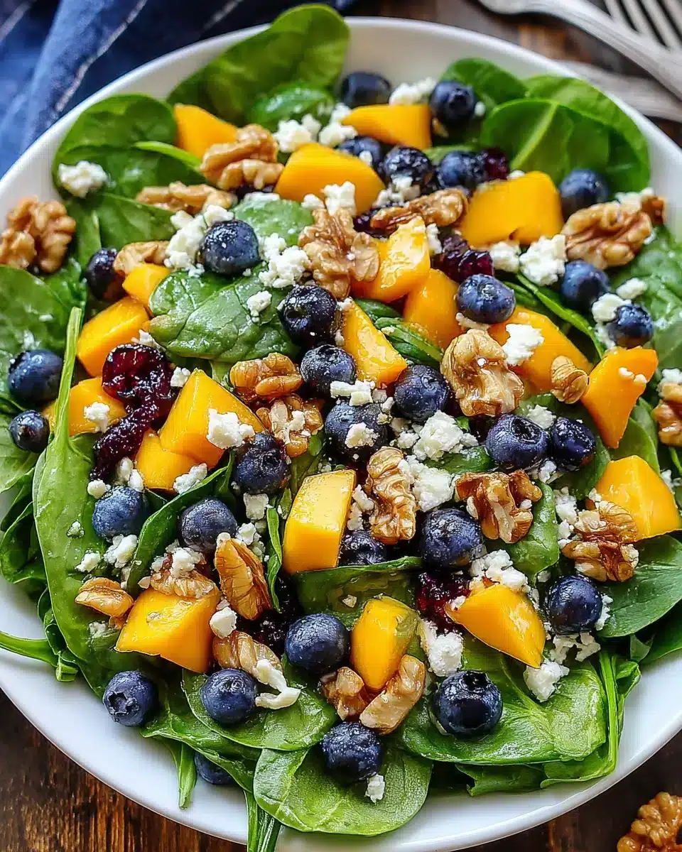 Delicious mango salad with spinach and blueberries