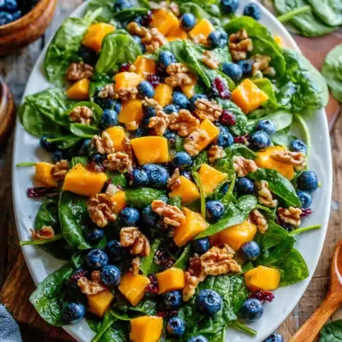 Refreshing mango spinach blueberry salad, perfect for spring.