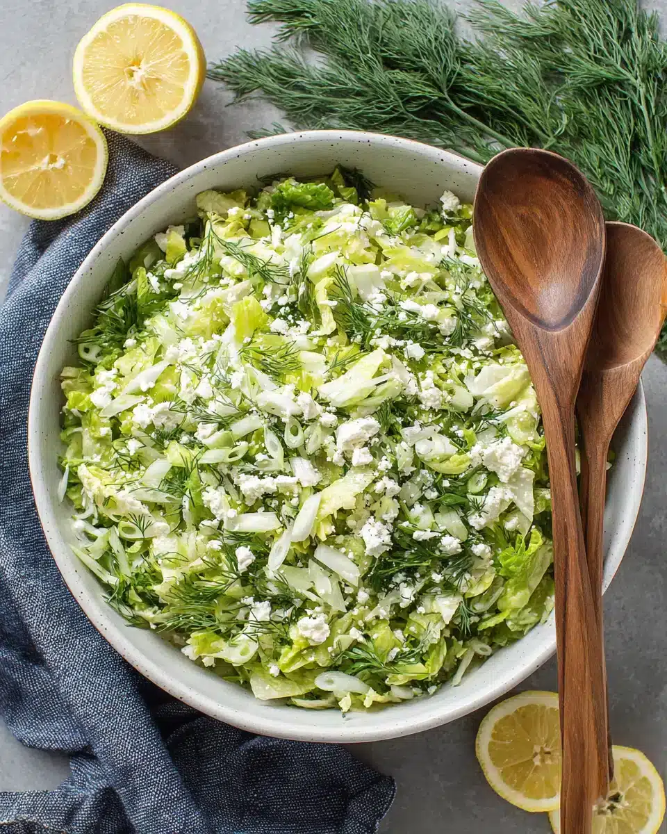Delicious maroulosalata Greek lettuce salad with feta and dill.