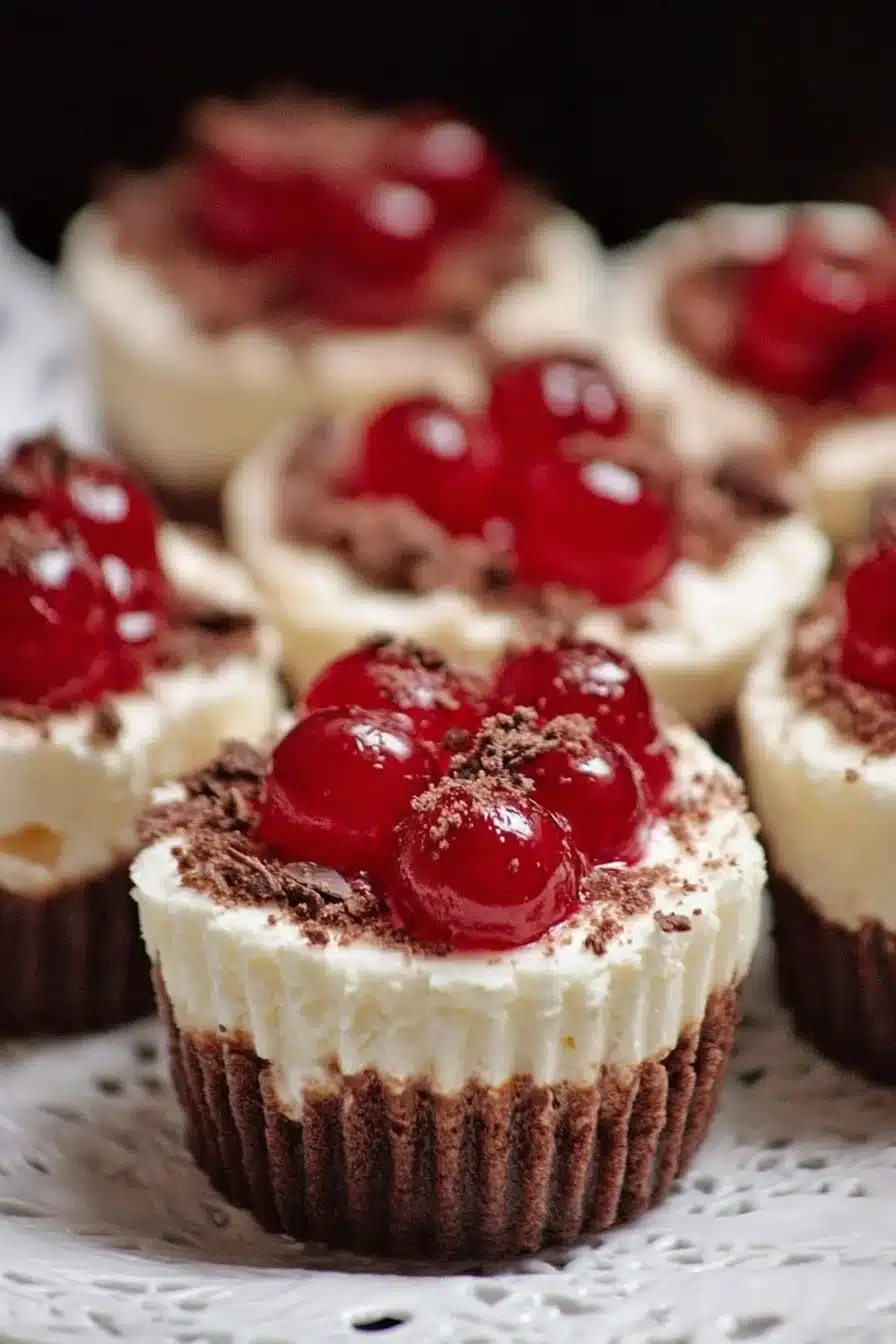 Delicious mini cheesecakes topped with fresh fruit and chocolate drizzle