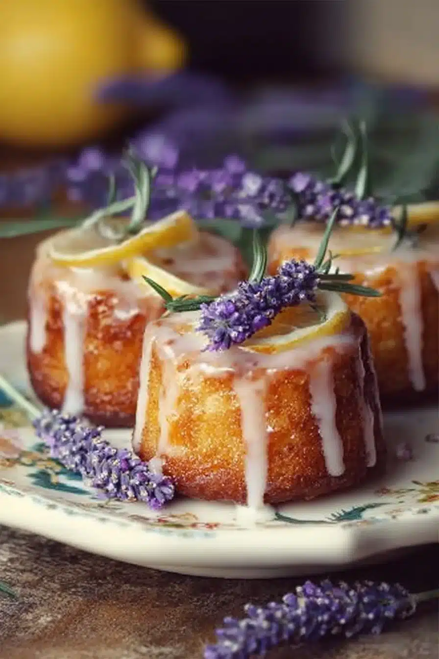 Mini lemon cakes topped with lavender glaze on a decorative plate.