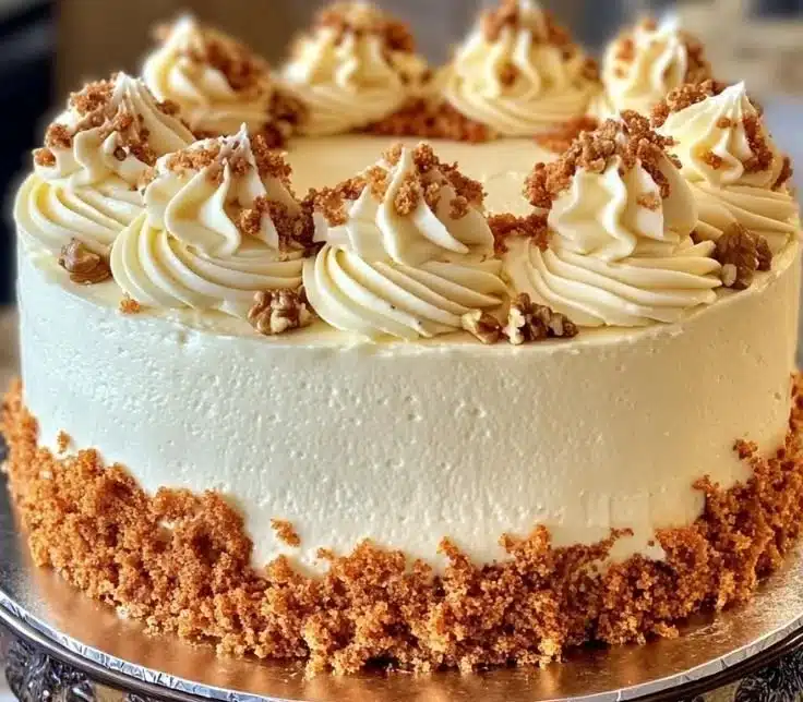 Moist carrot cake slice with creamy frosting on a white plate