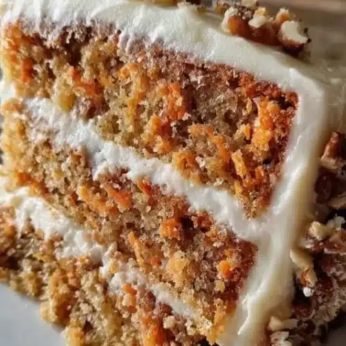 Moist classic carrot cake sliced and served on a plate