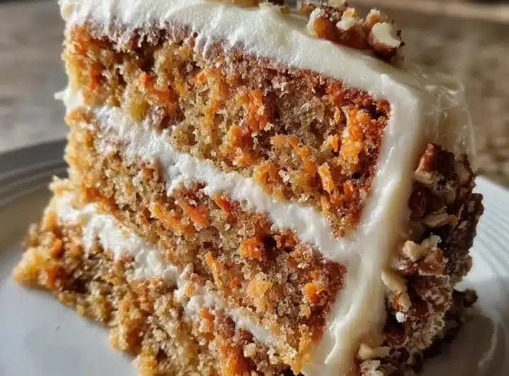 Moist classic carrot cake sliced and served on a plate