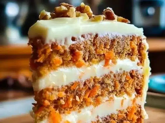 Slice of Mom's Legendary Carrot Cake with cream cheese frosting on a plate