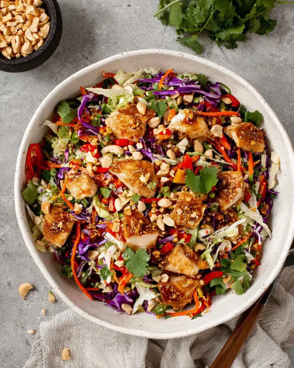 Delicious peanut chicken crunch salad featuring fresh veggies and chicken.