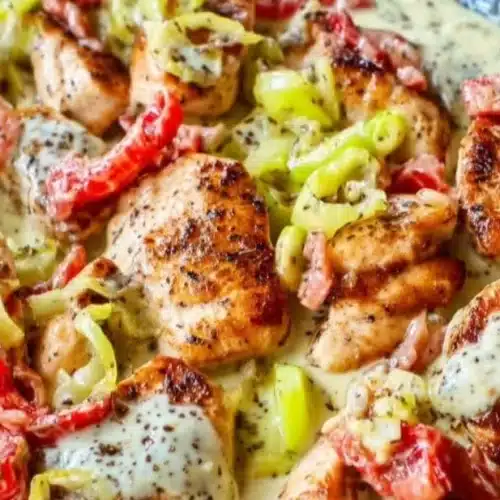 Pepperoncini Chicken Skillet cooked in a one-pan recipe for easy weeknight meals.