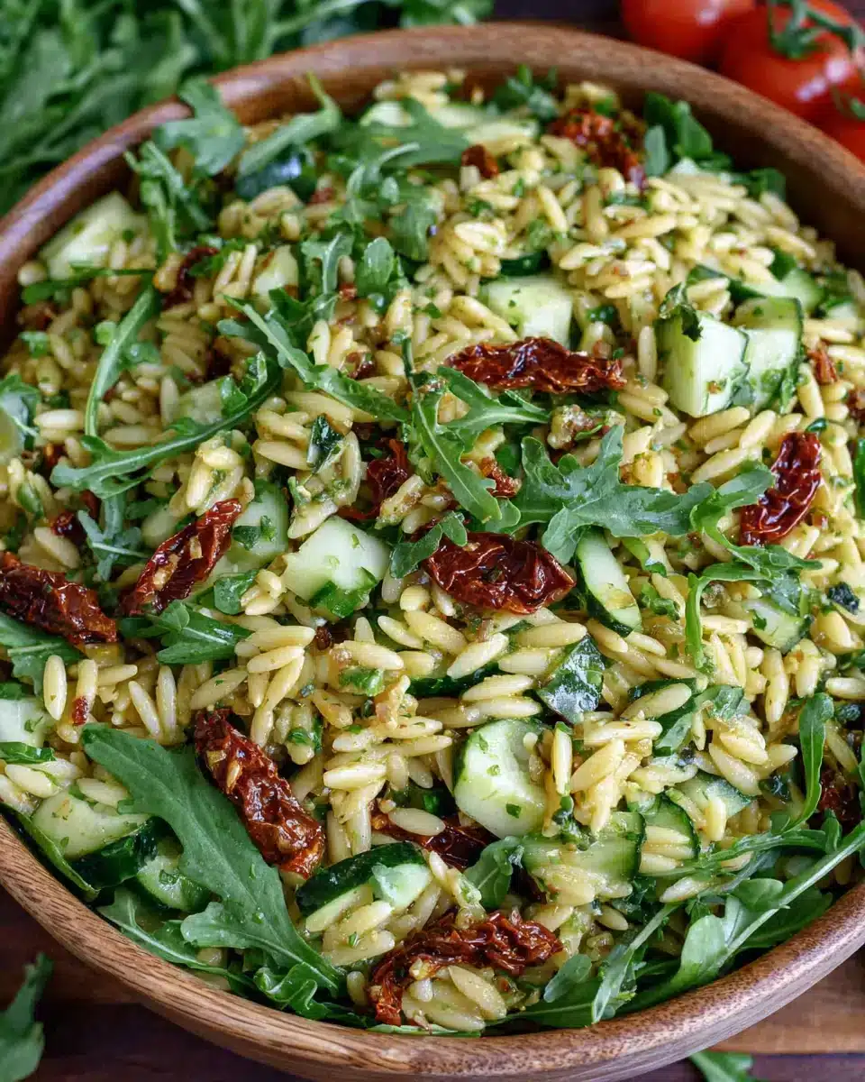 Delicious pesto orzo salad with sun dried tomatoes and fresh ingredients.