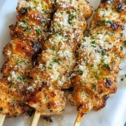 Ranch Garlic Parmesan Chicken Skewers on a plate, garnished with herbs.