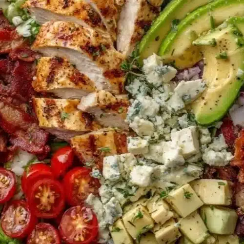 Bowl of Savory BLT Chicken Salad with crispy bacon, lettuce, and tomatoes.