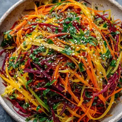 Refreshing shaved rainbow carrot sesame salad with vibrant colors and flavors.