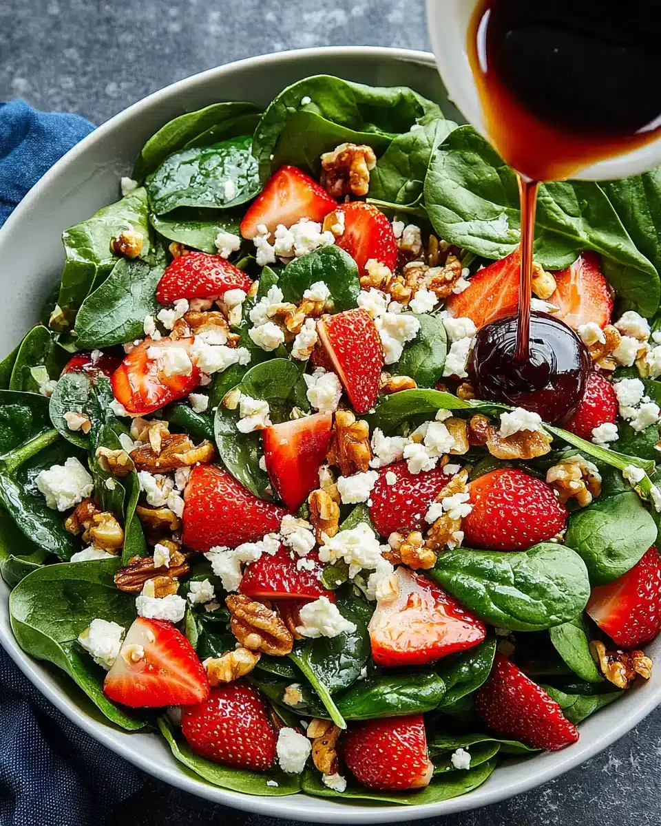 Spinach strawberry salad with balsamic dressing featuring fresh ingredients and vibrant colors.