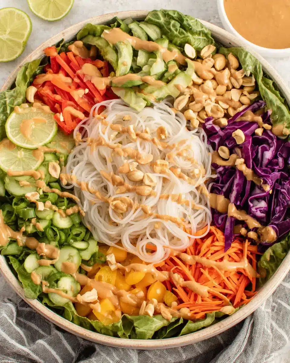 Delicious spring roll salad with peanut sauce topped with chopped peanuts