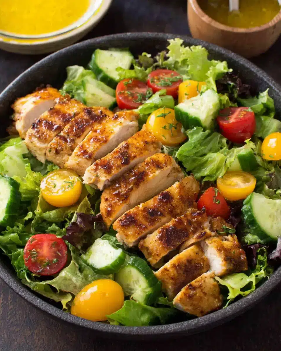 Delicious spring salad with grilled chicken, fresh ingredients, and vibrant colors.