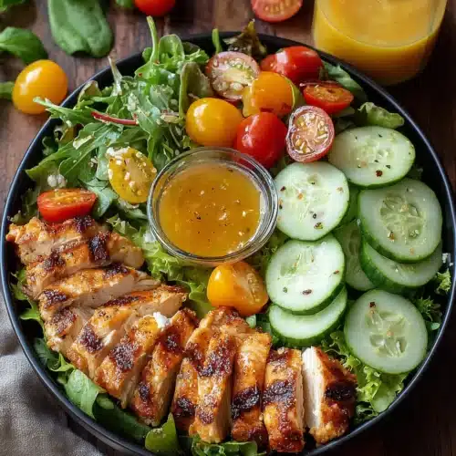 Delicious spring salad with grilled chicken, fresh veggies, and feta cheese