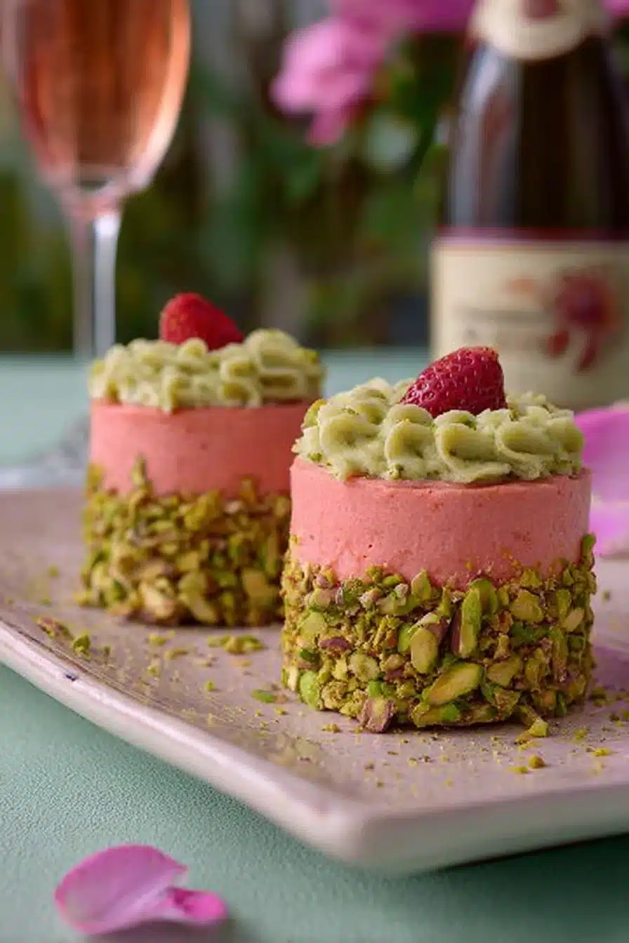 Pistachio mini cakes with strawberry buttercream frosting