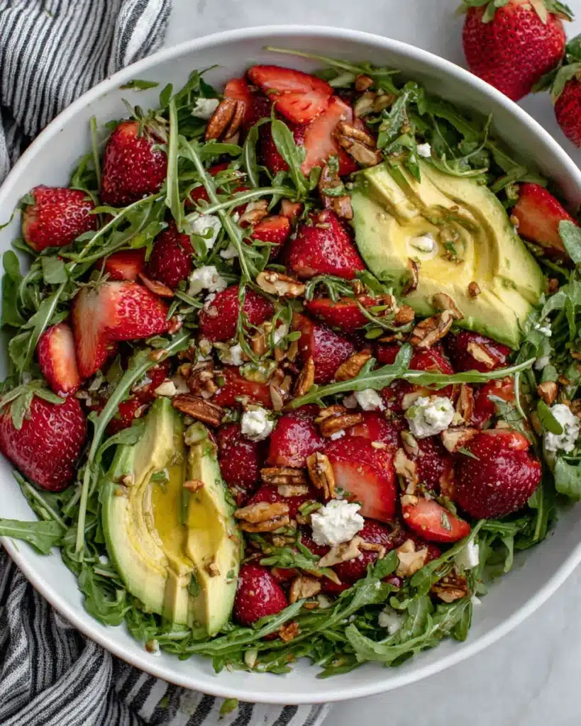 Delicious strawberry salad recipe with creamy avocado and crunchy nuts.