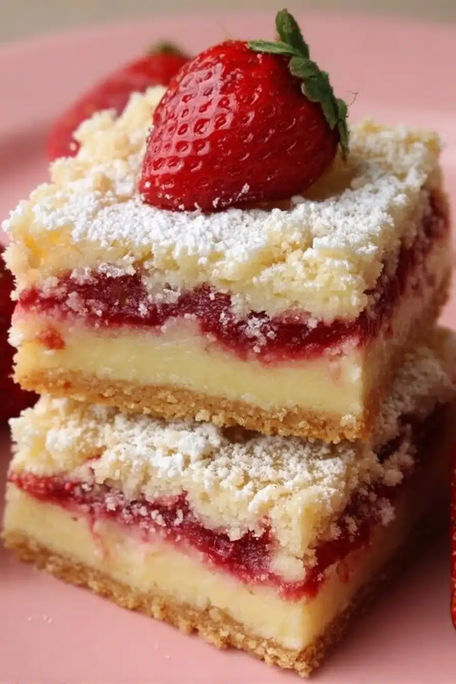 Delicious Strawberry Shortcake Bars with fresh strawberries and creamy layers