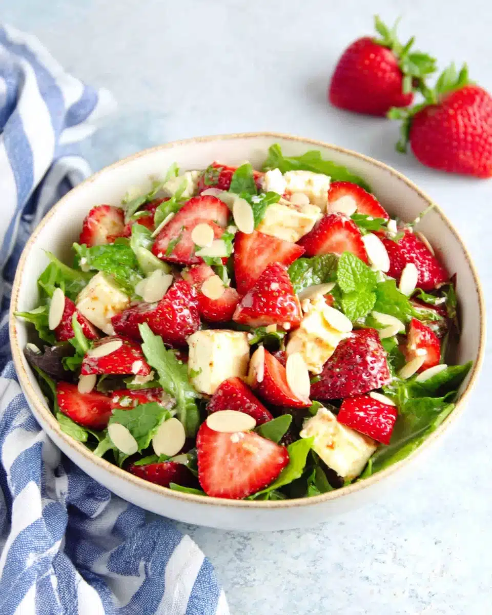 A colorful strawberry spring mix salad with feta cheese.