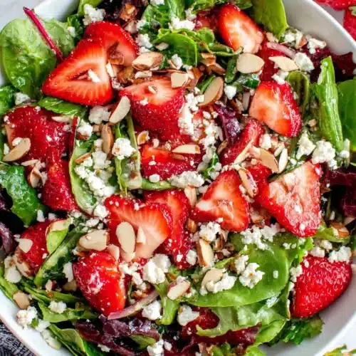 Delicious strawberry spring mix salad loaded with fresh ingredients.