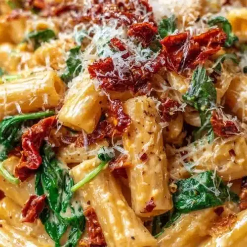 Delicious bowl of sun-dried tomato pasta topped with fresh basil