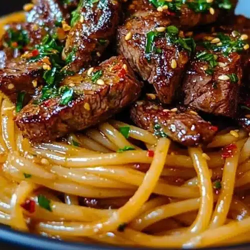 Delicious Sweet and Spicy Garlic Steak Pasta garnished with herbs