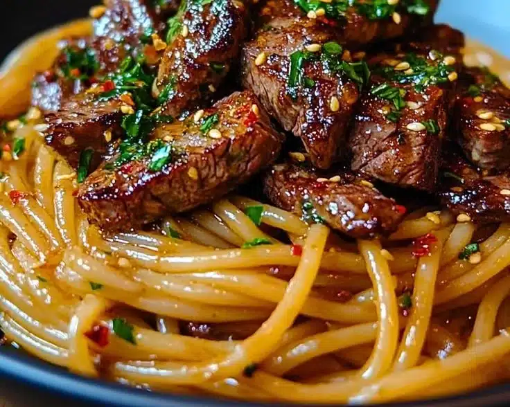 Delicious Sweet and Spicy Garlic Steak Pasta garnished with herbs