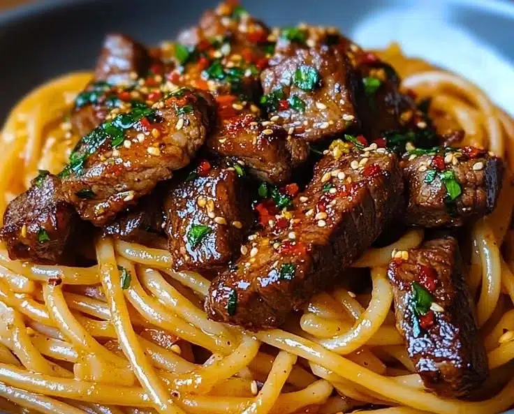 Sweet and Spicy Garlic Steak Pasta
