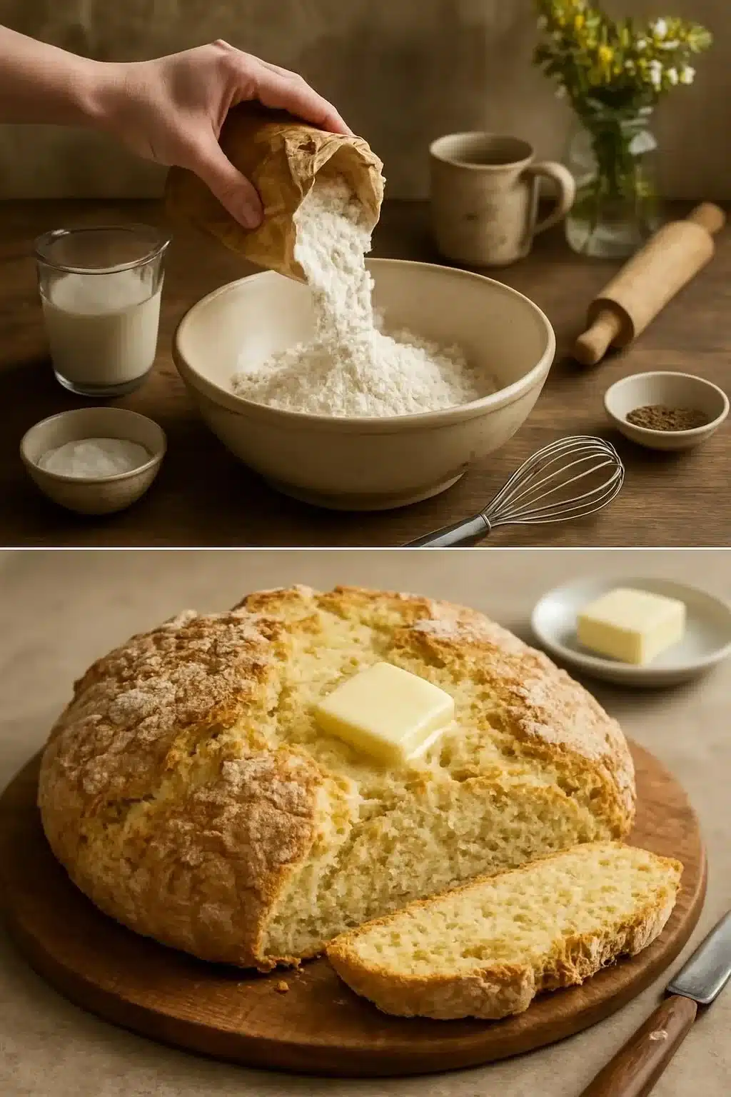 Freshly baked traditional Irish soda bread on a wooden table