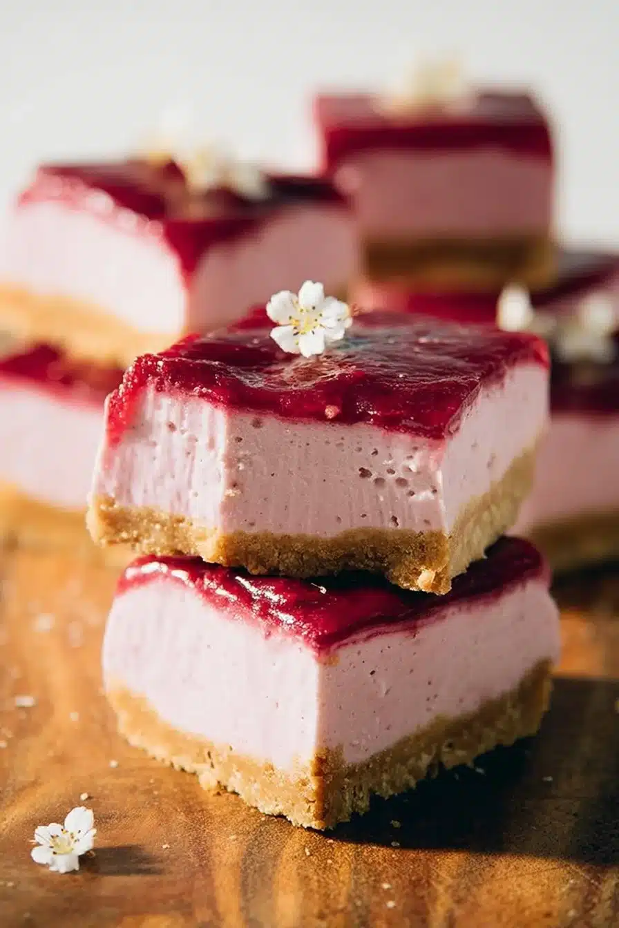 Delicious vegan cheesecake bars topped with fresh fruit on a plate