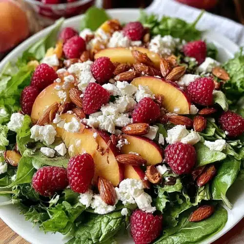 Delicious white peach raspberry almond salad with vibrant colors and fresh ingredients.